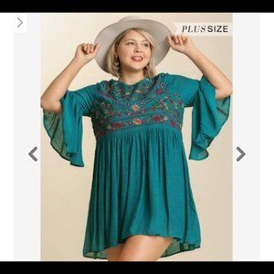 UMGEE BOHO EMBROIDERED RUFFLE SLEEVE DRESS IN TEAL COLOR, NEW WITH TAGS SIZE 1X